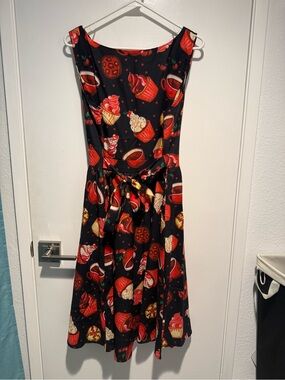 Black Cupcake Print A-Line Dress with waist tie